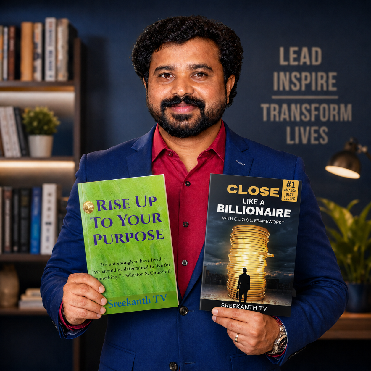Sreekanth TV holding his books Rise Up To Your Purpose and CLOSE Like A Billionaire